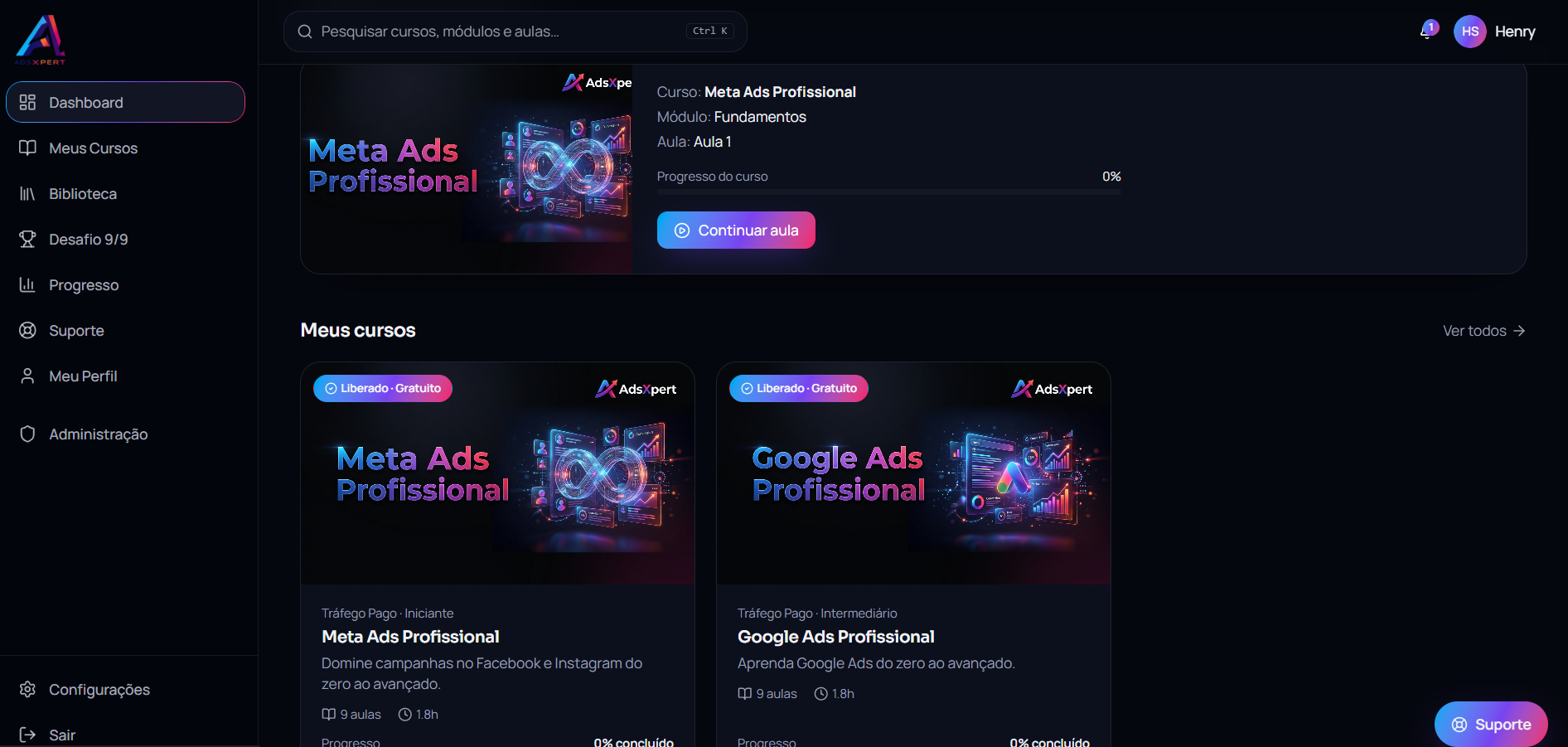 Painel da plataforma exclusiva ADSXPERT com as aulas gravadas de Meta Ads e Google Ads