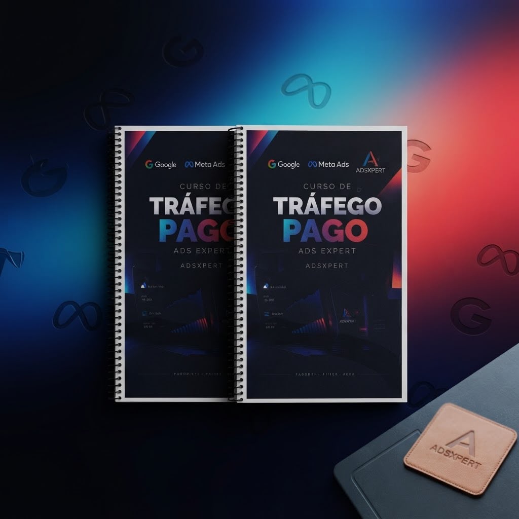 Apostila do Curso de Tráfego Pago da ADSXPERT, com as marcas Google e Meta Ads na capa